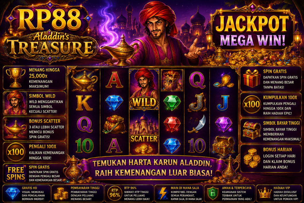 RP88 Aladdin’s Treasure dengan Aladdin, lampu ajaib, harta karun, simbol Wild dan Scatter dalam tema Arab fantasi.