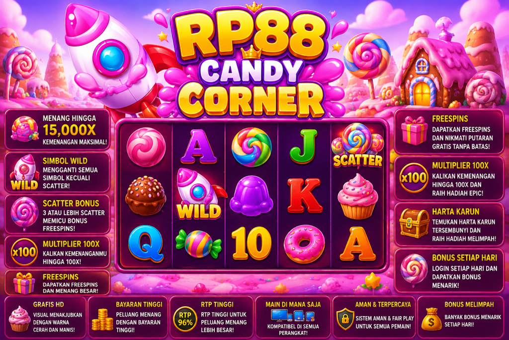 RP88 Candy Corner dengan roket, permen warna-warni, lolipop, cupcake, simbol Wild dan Scatter dalam tema dunia permen cerah.