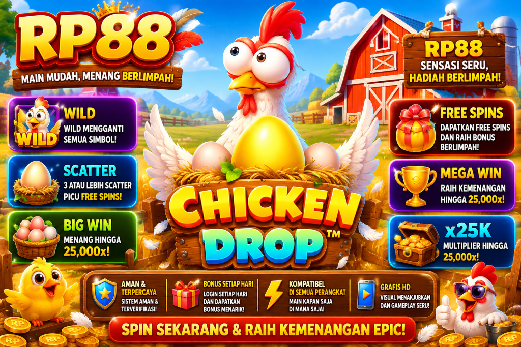 RP88 Chicken Drop dengan ayam kartun, telur emas, simbol Wild dan Scatter dalam tema peternakan ceria.