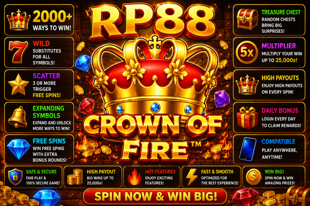 RP88 Crown of Fire dengan mahkota emas, permata, koin dan efek api dalam tema kerajaan.