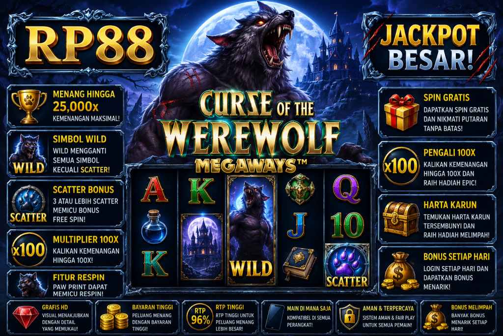 RP88 Curse of the Werewolf Megaways dengan manusia serigala, bulan purnama, kastel gelap, simbol Wild dan Scatter dalam tema horor fantasi.