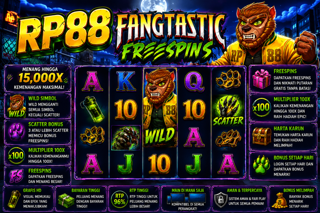 RP88 Fangtastic Freespins dengan manusia serigala, kota malam, simbol Wild dan Scatter dalam tema petualangan fantasi neon.