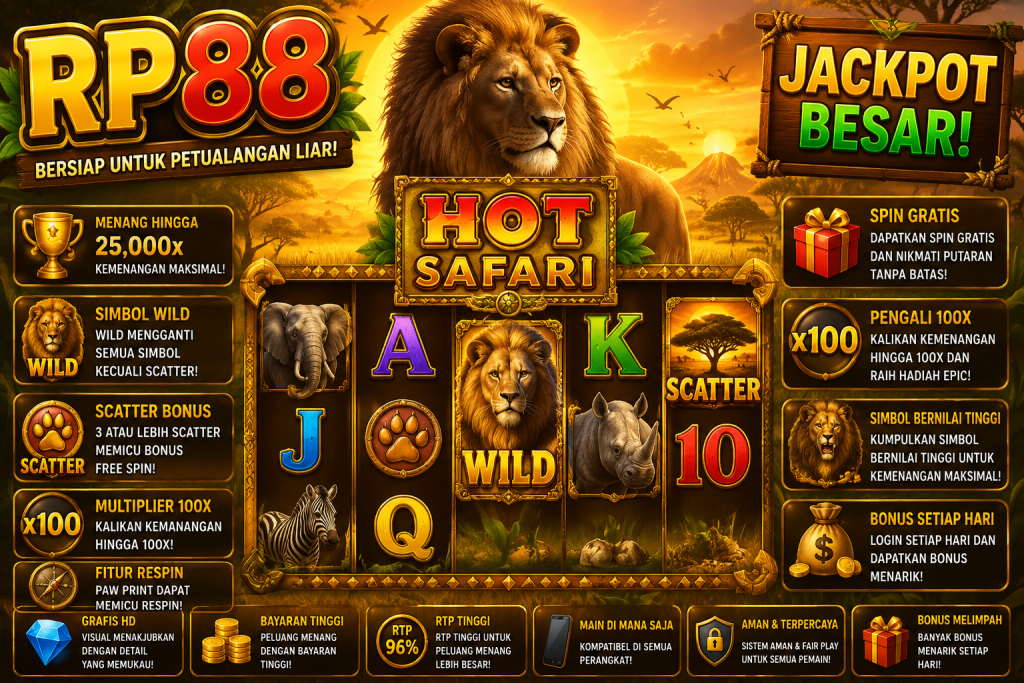 RP88 Hot Safari dengan singa, gajah, zebra, badak, simbol Wild dan Scatter dalam tema petualangan safari Afrika.