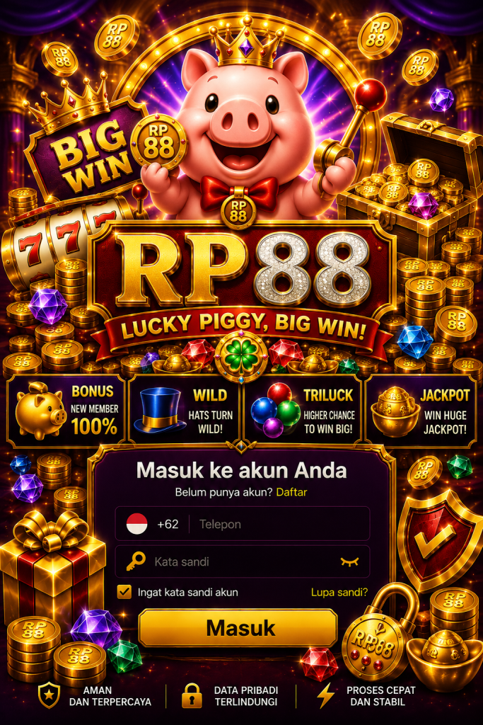 RP88 Login dengan tema Lucky Piggy dan tampilan permainan berwarna emas