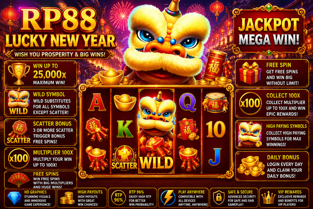 RP88 Lucky New Year dengan barongsai, kembang api, lampion, simbol Wild dan Scatter dalam tema Tahun Baru.