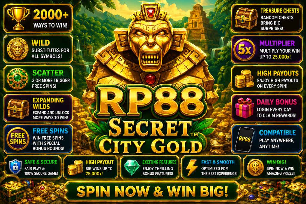 RP88 Secret City Gold dengan penjaga emas, kuil kuno dan harta karun dalam tema petualangan kota rahasia.