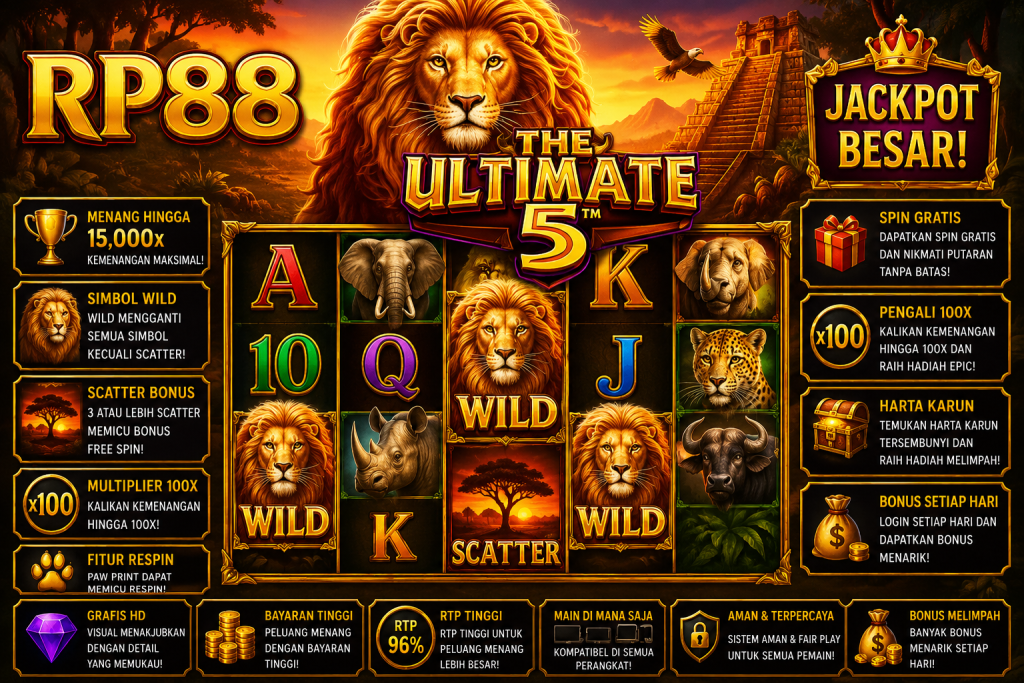 RP88 The Ultimate 5 dengan singa, gajah, badak, macan tutul, simbol Wild dan Scatter dalam tema petualangan safari.