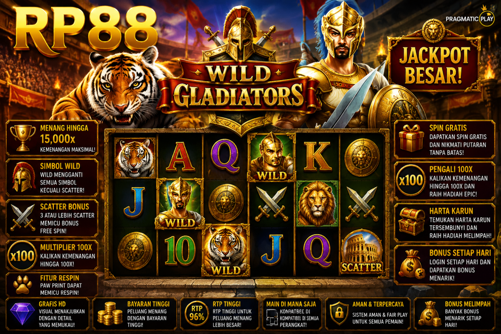 RP88 Wild Gladiators dengan gladiator, harimau, arena Romawi, simbol Wild dan Scatter dalam tema pertempuran klasik.