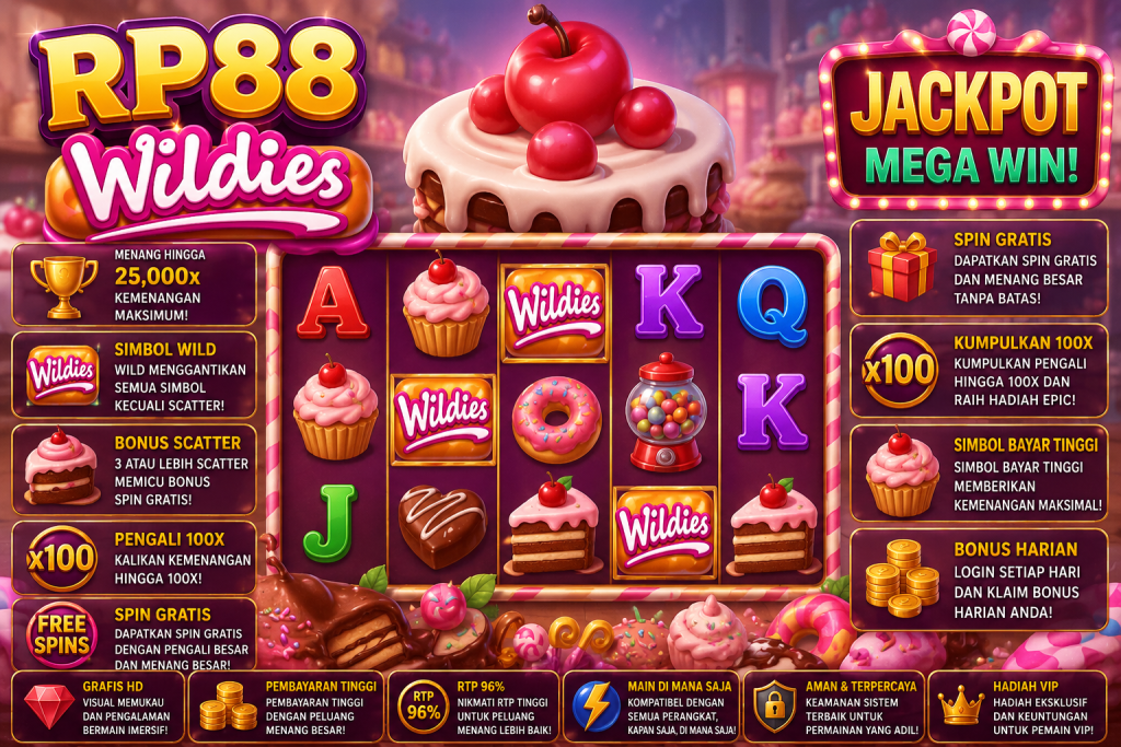 RP88 Wildies dengan kue, donat, permen, ceri, simbol Wild dan Scatter dalam tema dunia manisan.