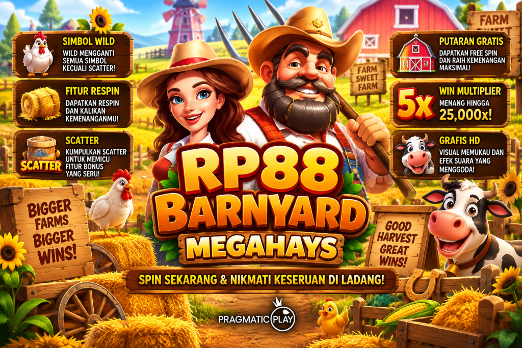 RP88 Barnyard Megahays dengan petani, koboi wanita, sapi, ayam dan suasana peternakan cerah penuh warna.