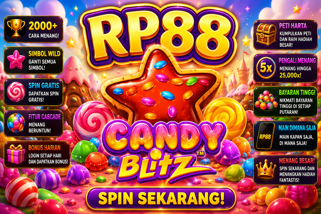 RP88 Candy Blitz dengan bintang permen, lolipop warna-warni dan dunia fantasi manis penuh cahaya.