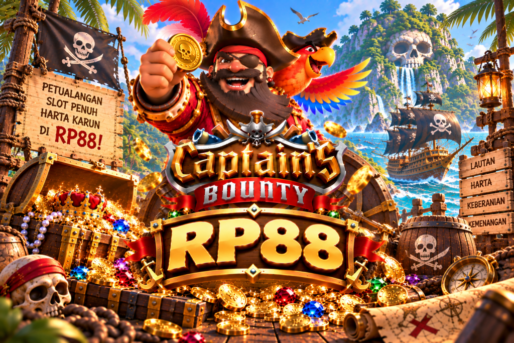 Game Captain’s Bounty RP88 dengan kapten bajak laut, burung beo, kapal, koin emas, dan harta karun