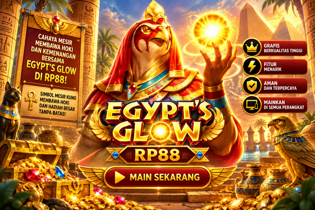 Game Egypt’s Glow RP88 dengan dewa elang Mesir, bola cahaya, piramida, dan harta karun