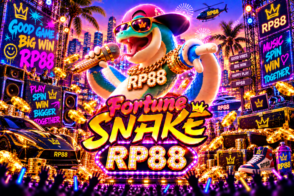 Game Fortune Snake RP88 dengan ular rapper, mikrofon emas, mobil sport, koin, dan panggung neon