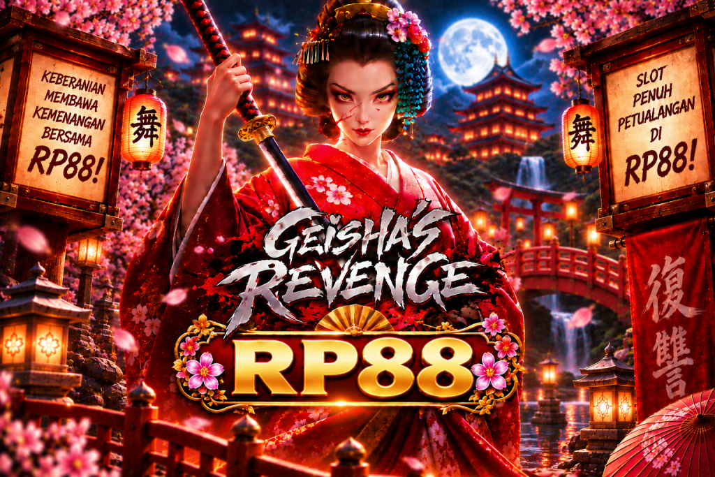 Game Geisha's Revenge RP88 dengan geisha, katana, bunga sakura, kuil Jepang, dan suasana malam
