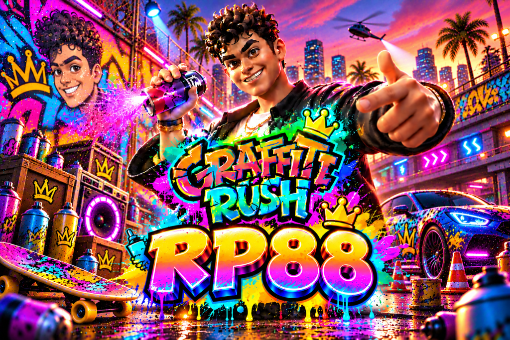 Game Graffiti Rush RP88 dengan seniman grafiti, cat semprot, mural warna-warni, dan suasana kota neon
