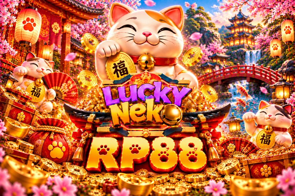 Game Lucky Neko RP88 dengan kucing keberuntungan, koin emas, lentera, dan bunga sakura