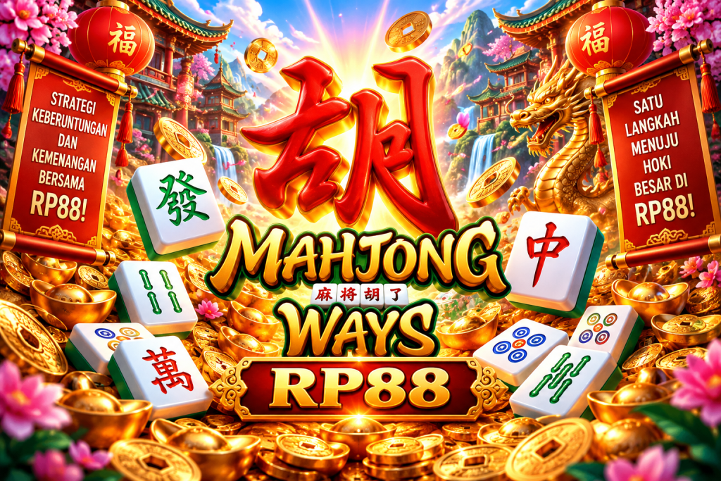 Game Mahjong Ways RP88 dengan ubin mahjong, naga emas, koin, lentera merah, kuil oriental, dan suasana keberuntungan