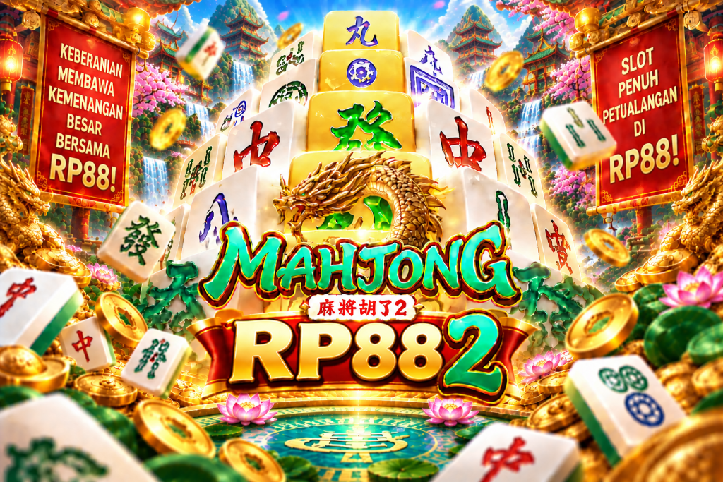 Game Mahjong Ways 2 RP88 dengan ubin mahjong, naga emas, koin, dan nuansa oriental
