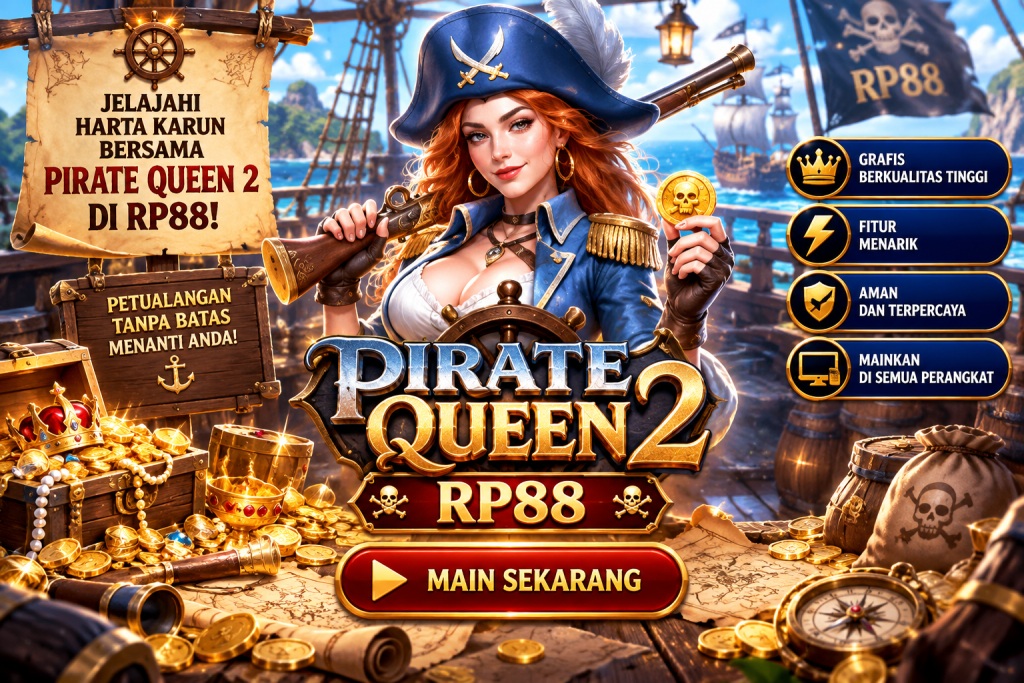 Game Pirate Queen 2 RP88 dengan ratu bajak laut, kapal, koin emas, dan harta karun