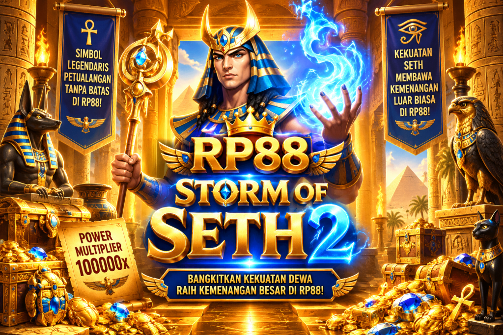 RP88 Storm of Seth 2 dengan dewa Mesir, energi petir biru, kuil kuno, piramida dan harta emas.