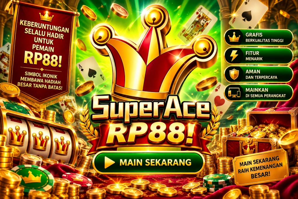 Game SuperAce RP88 dengan mahkota emas, kartu, koin, chip, dan harta karun