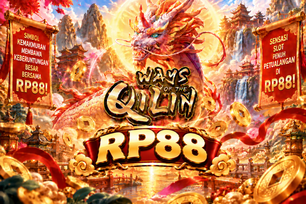 Game Ways of the Qilin RP88 dengan qilin emas, koin, kuil, dan nuansa oriental