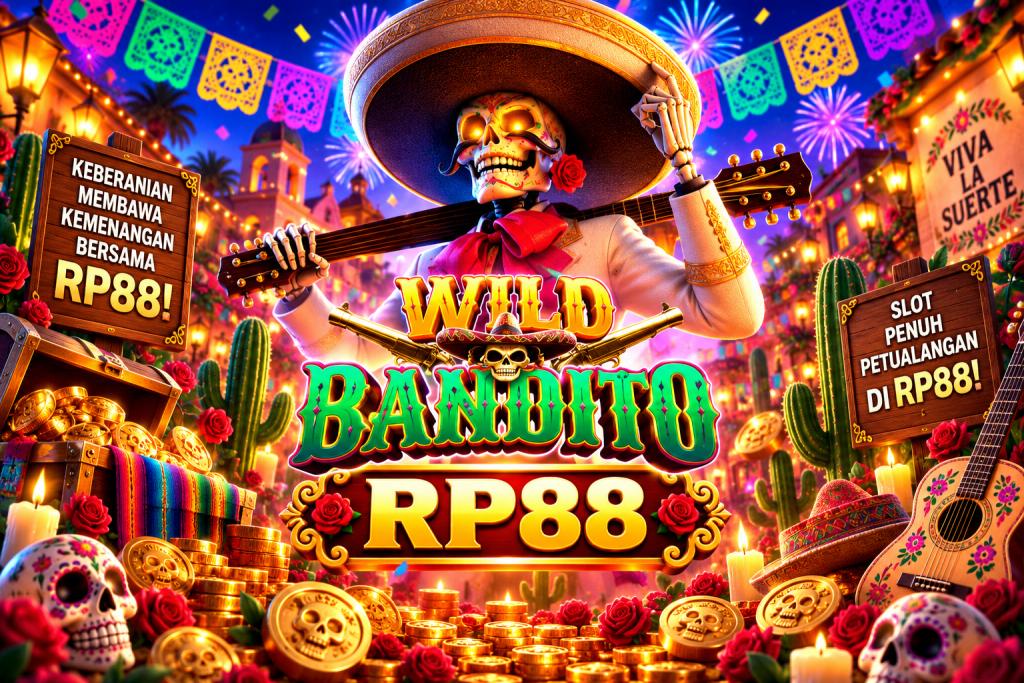 Game Wild Bandito RP88 dengan bandit mariachi, gitar, koin emas, kaktus, peti harta, dan suasana festival Meksiko