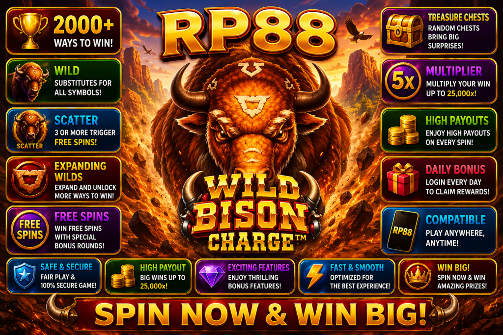 RP88 Wild Bison Charge dengan bison besar, pegunungan berbatu dan suasana Wild West bernuansa emas.