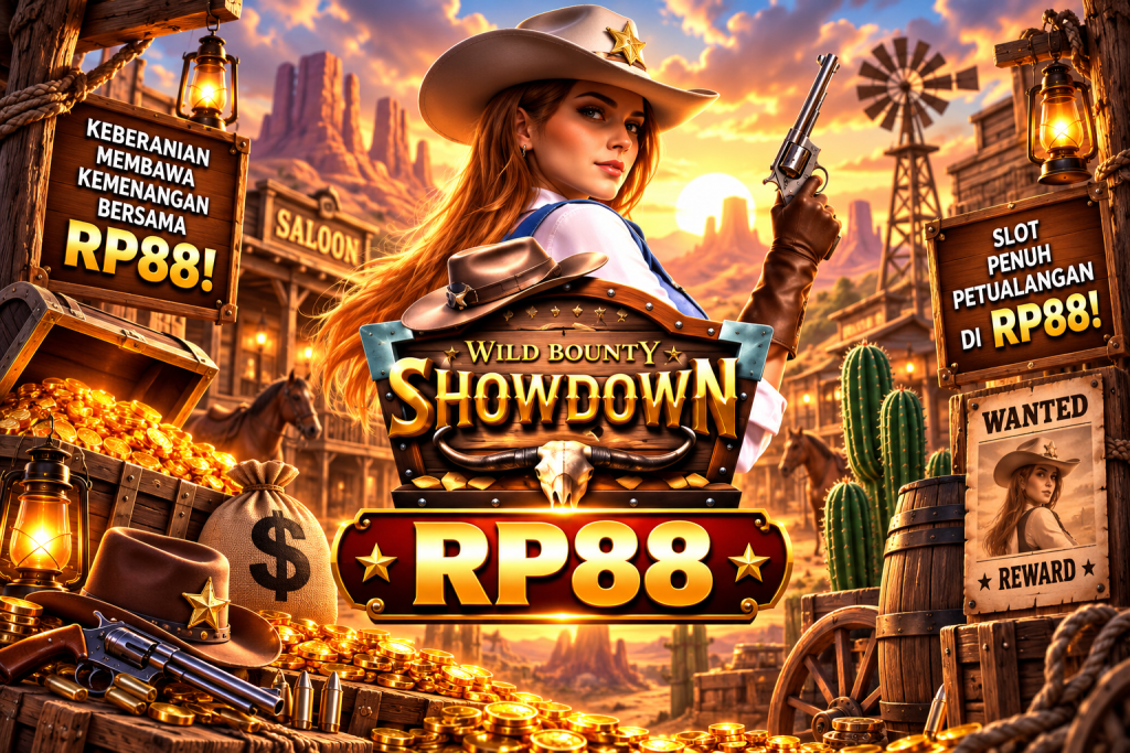 Game Wild Bounty Showdown RP88 dengan cowgirl, revolver, koin emas, peti harta, kaktus, dan suasana Wild West