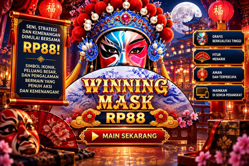 Game Winning Mask RP88 dengan topeng opera, kipas tradisional, lentera merah, dan suasana oriental