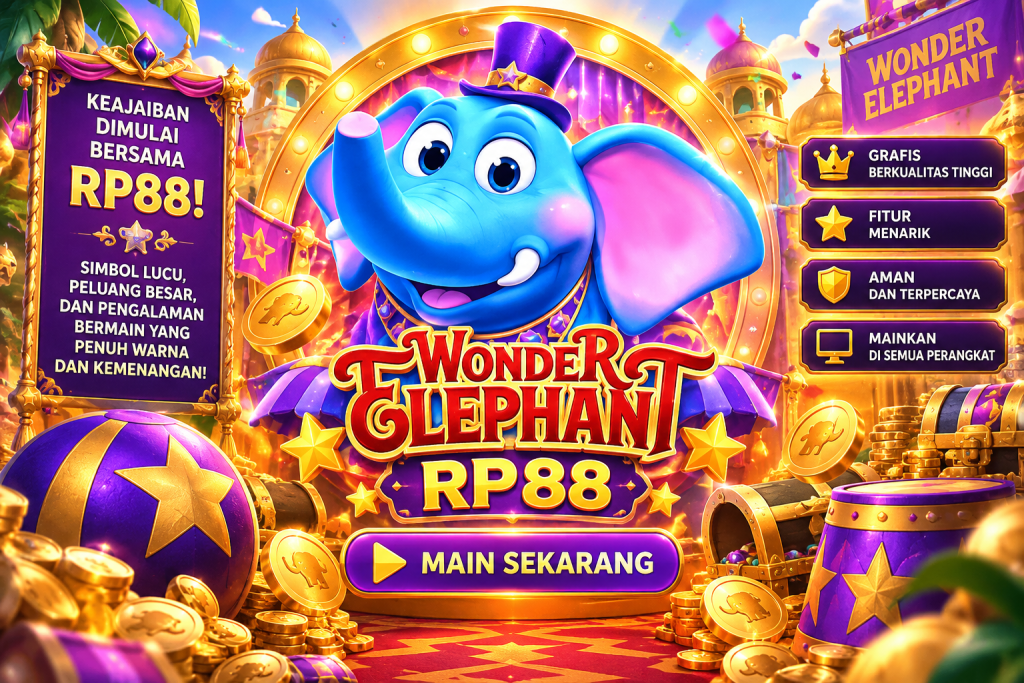 Game Wonder Elephant RP88 dengan gajah biru, topi sulap, koin emas, dan suasana karnaval