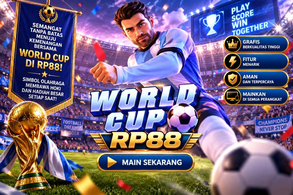 Game World Cup RP88 dengan pemain sepak bola, bola, trofi, dan stadion penuh penonton